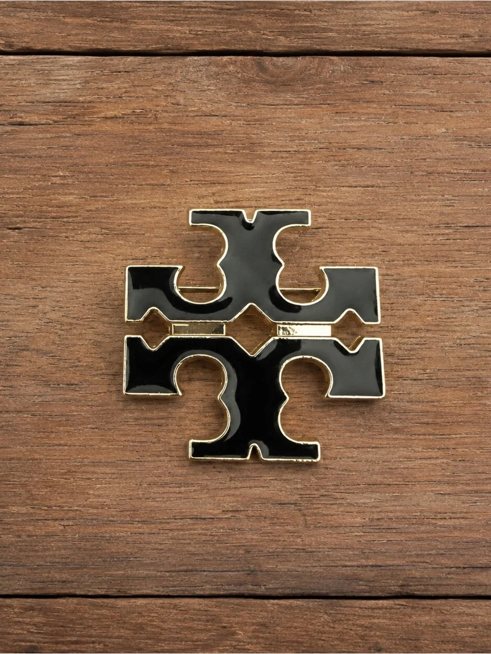 Tory Burch Black Enamel Gold-Tone Double T Logo Brooch Pin